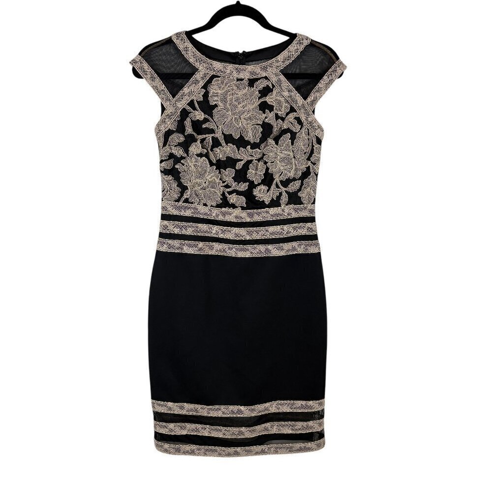 Tadashi Shoji Black & Cream Lace Cap Sleeve Fitted Sheath Dress Women's Size 2